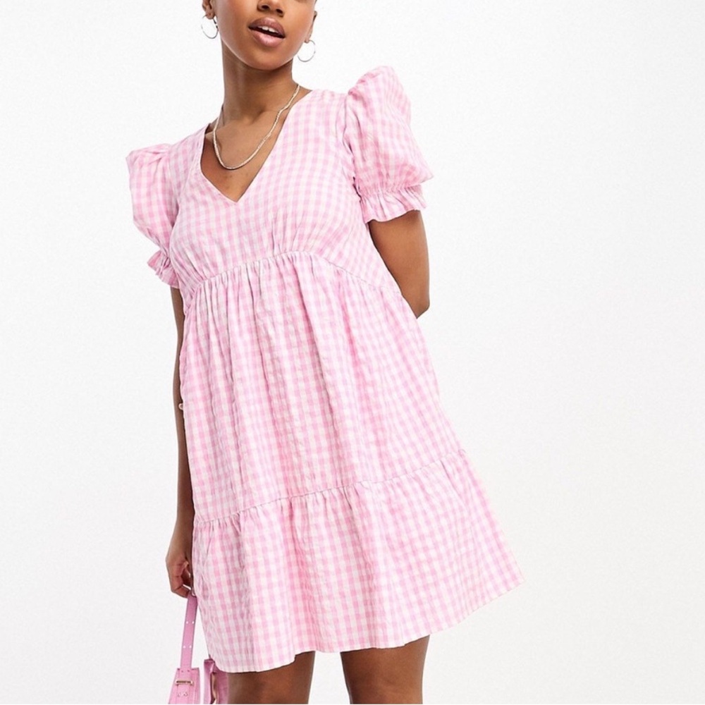 ASOS Miss Selfridge Pink Gingham Check Tiered Mini Babydoll Puff Sleeve Dress